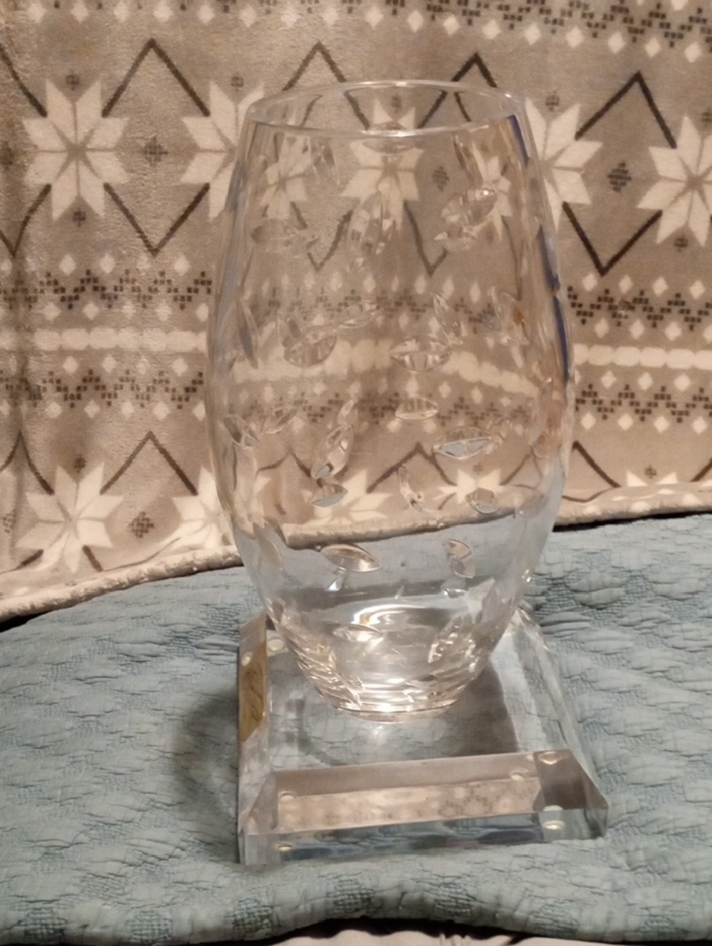 Tiffany & Co. Clear Etched Glass Vase with Leaf Motif